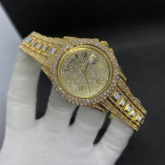 Full Rhinestone&Diamond Covered Bling Iced Out 18K Gold Plated Men's Watch - Picture 5 of 6